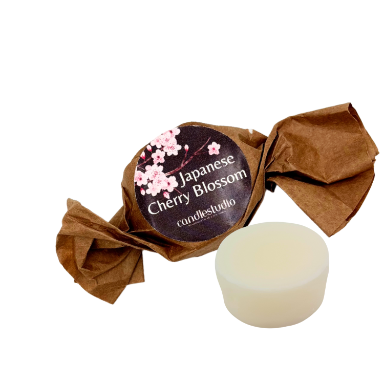 Wax Melt wrapped in brown paper with a label reading 'Japanese Cherry Blossom' on a white background