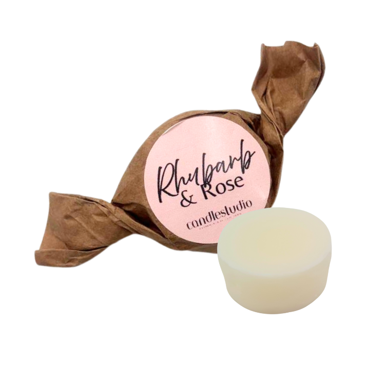 Wax Melt in brown paper wrapper with 'Rhubarb & Rose candle studio' label on a white background