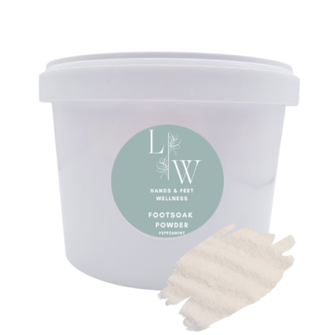 A container with mineral powder foot and hand soak, alongside a product swatch. The container is labeled with 'L & W' branding.