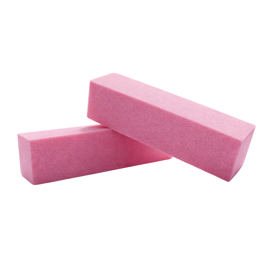 Two pink rectangular foam nail buffing blocks stacked diagonally on a plain white background.