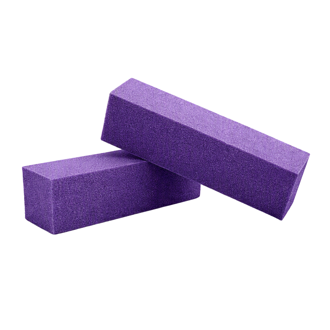 Two purple rectangular foam nail files crossed at an angle on a plain white background.