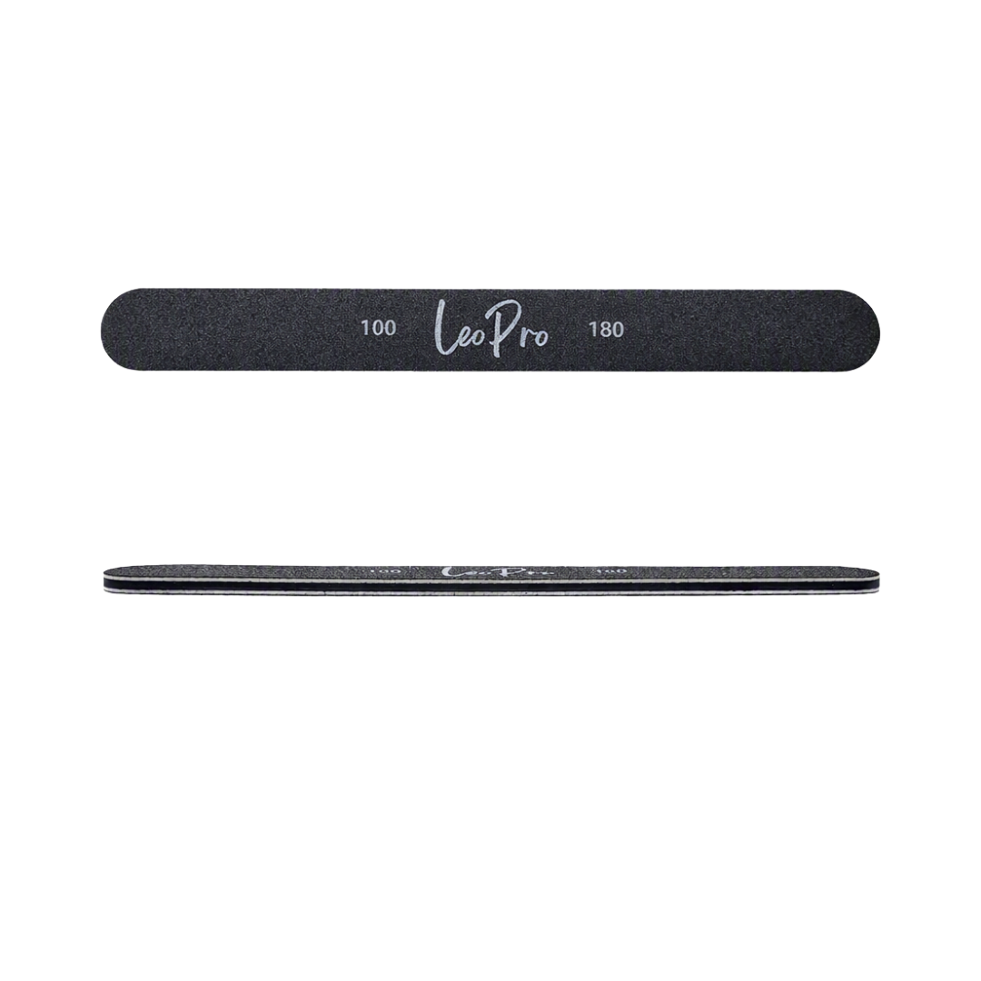 Two black nail files with white printed numbers '100' and '180' and the brand name 'Leo Pro' in the center, shown on a plain white background.