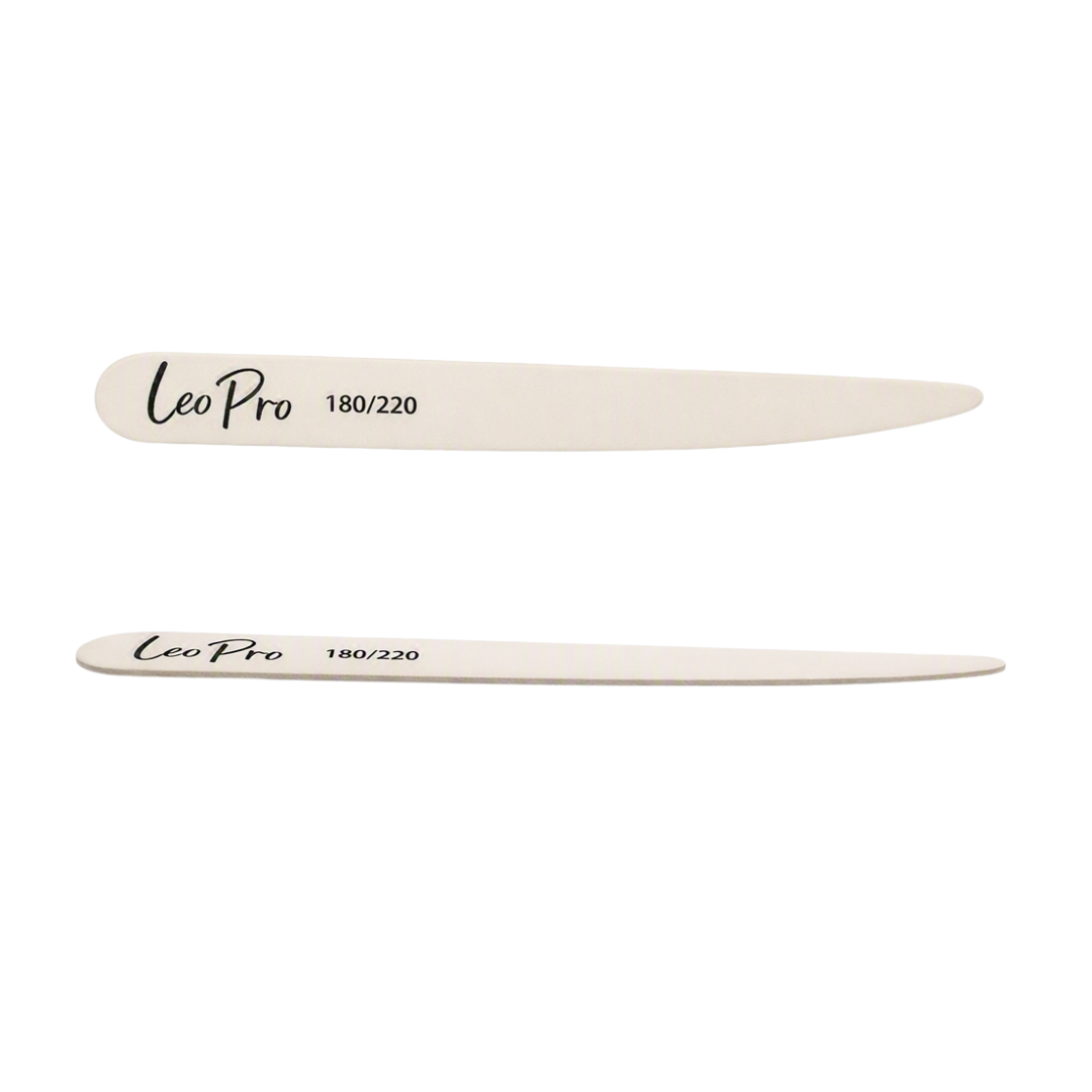 Two thin, white-colored teardrop nail files with wooden center, shown from opposite sides, featuring the black printed text 'Leo Pro 180/220' on a solid white background.