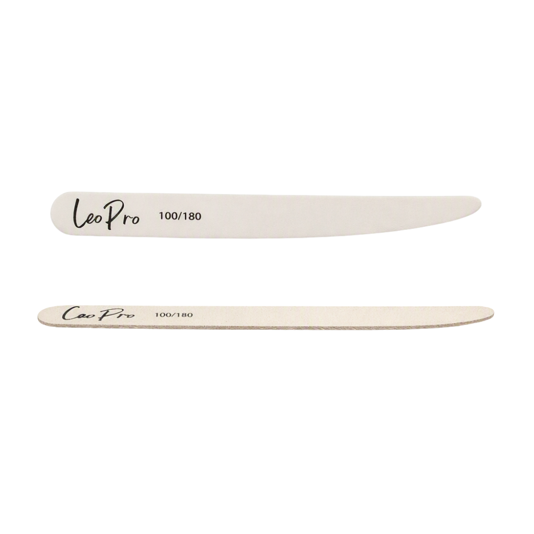 Two thin, white-colored teardrop nail files with wooden center from Leo Pro shown horizontally on a plain white background, one labeled 100/180 grit and the other 100/180, in a light cream color.
