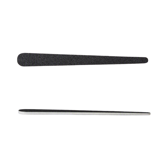 Two black teardrop nail files on a white background