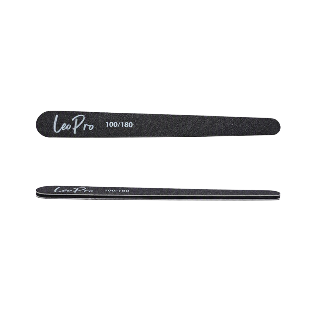 Two black Leo Pro nail files, one showing the coarse 100/180 grit side and the other showing the smoother 200/400 grit side, displayed horizontally on a plain white background.
