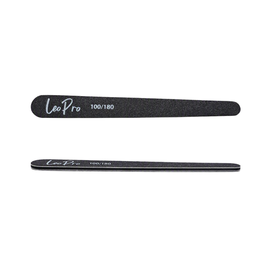 Two black Leo Pro nail files, one showing the coarse 100/180 grit side and the other showing the smoother 200/400 grit side, displayed horizontally on a plain white background.