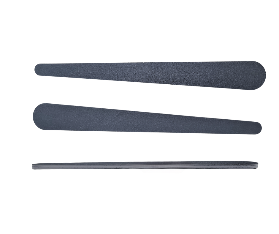 Three dark gray nail files shown horizontally on a plain white background, with two larger tapered files above and one thinner straight file below.