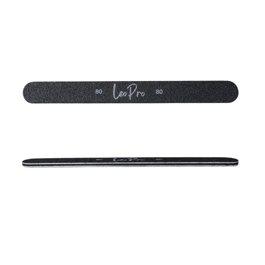 Two black nail files shown horizontally on a white background, one with a textured abrasive side labeled 'LeoPro 80' and one with a smooth polished side.