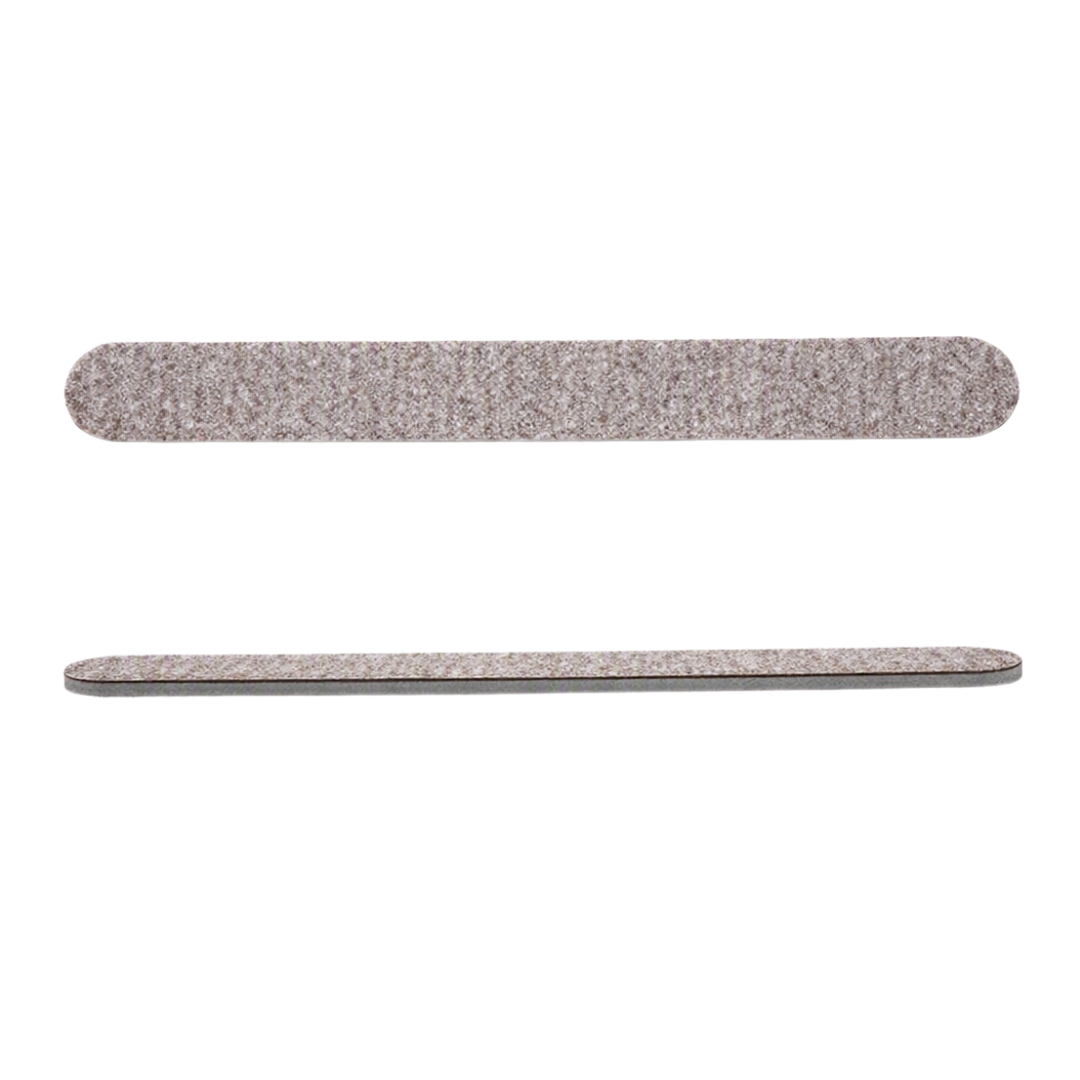 Two nail files with a textured gray and beige abrasive surface, shown horizontally against a plain white background.