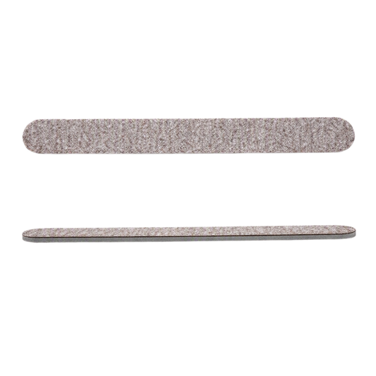 Two nail files with a textured gray and beige abrasive surface, shown horizontally against a plain white background.