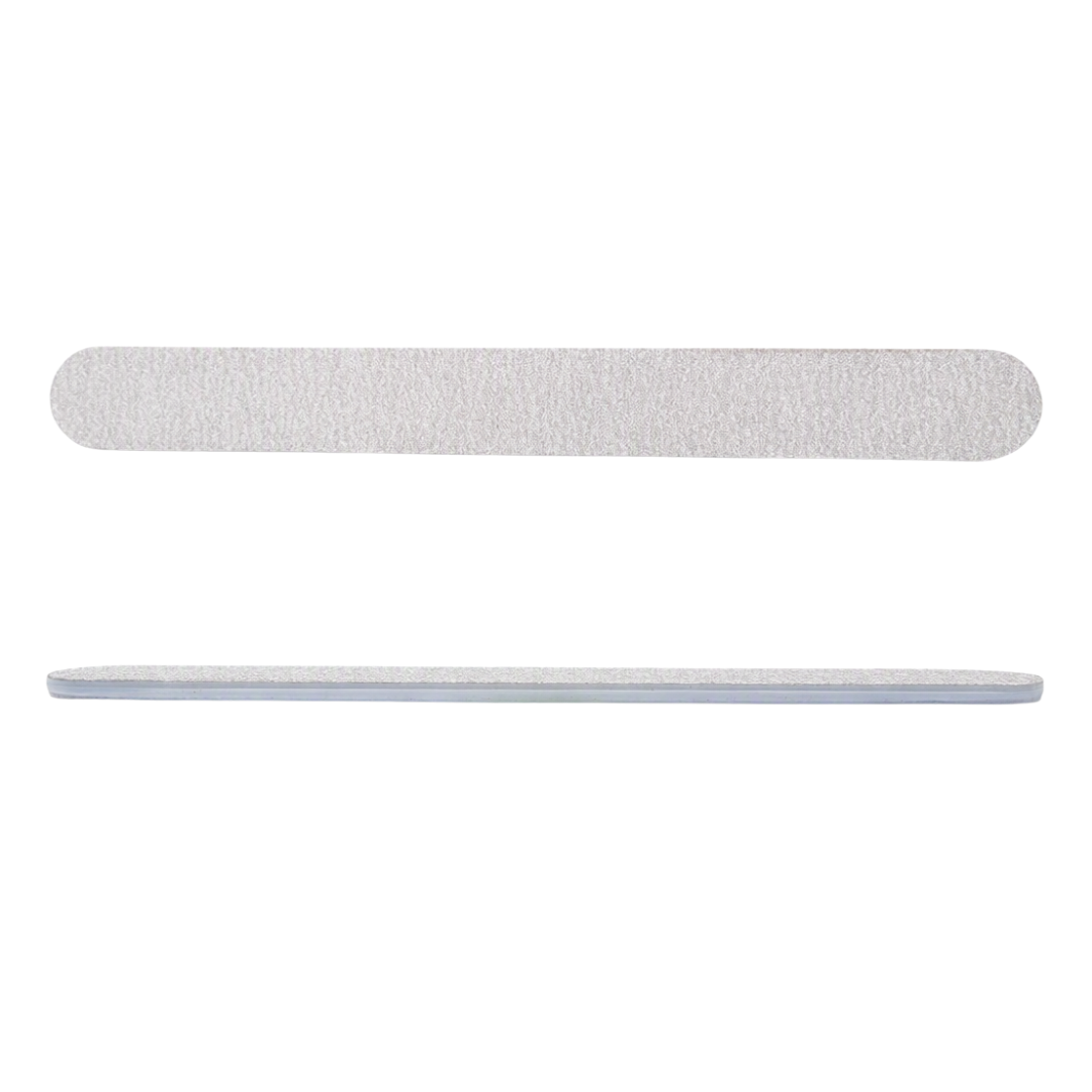 Two light gray nail files shown horizontally on a plain white background, one with a textured abrasive surface and one showing the smooth backing.
