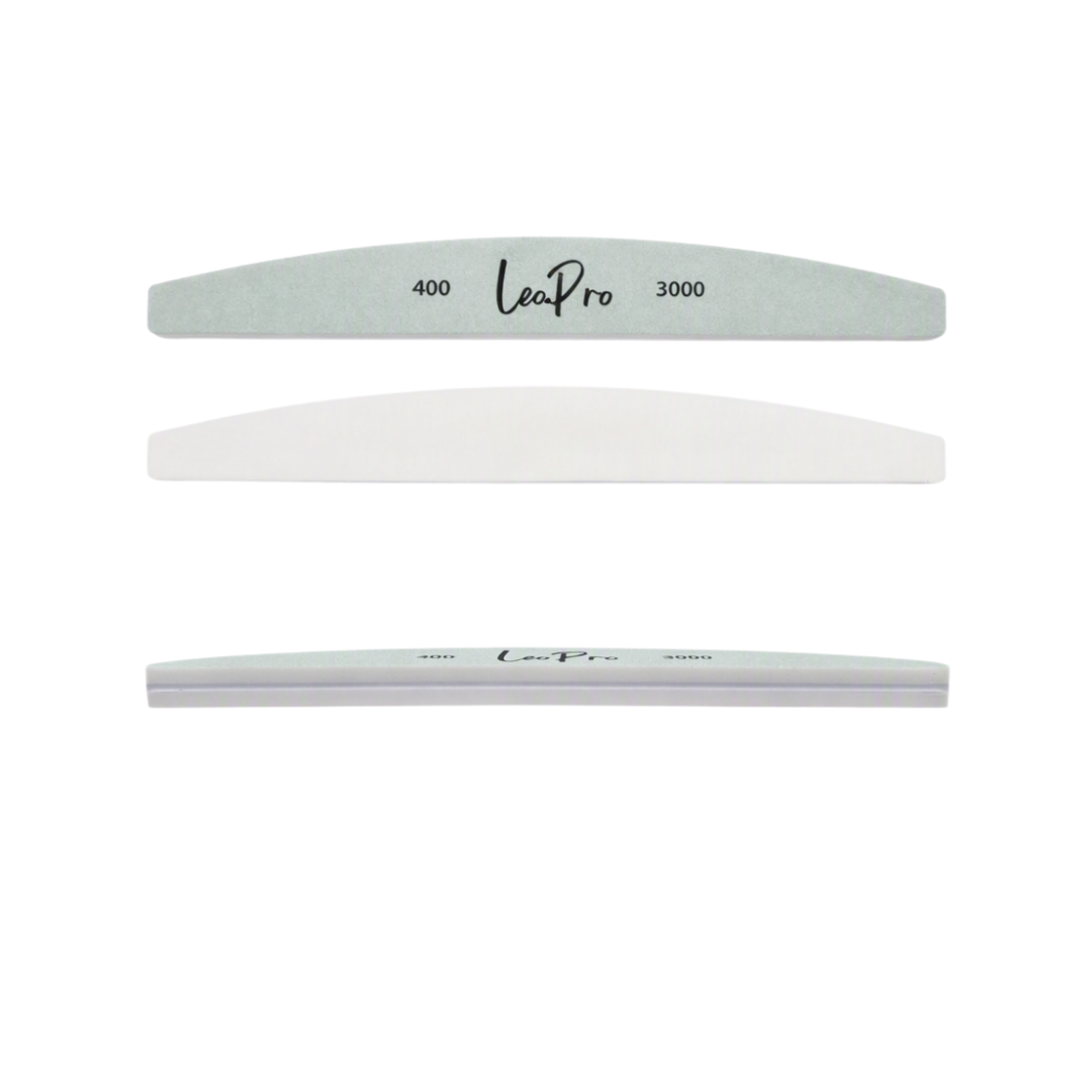 Three curved nail files from Lee Pro shown vertically on a white background, labeled 400, 3000, and an intermediate grit size in light gray and white.
