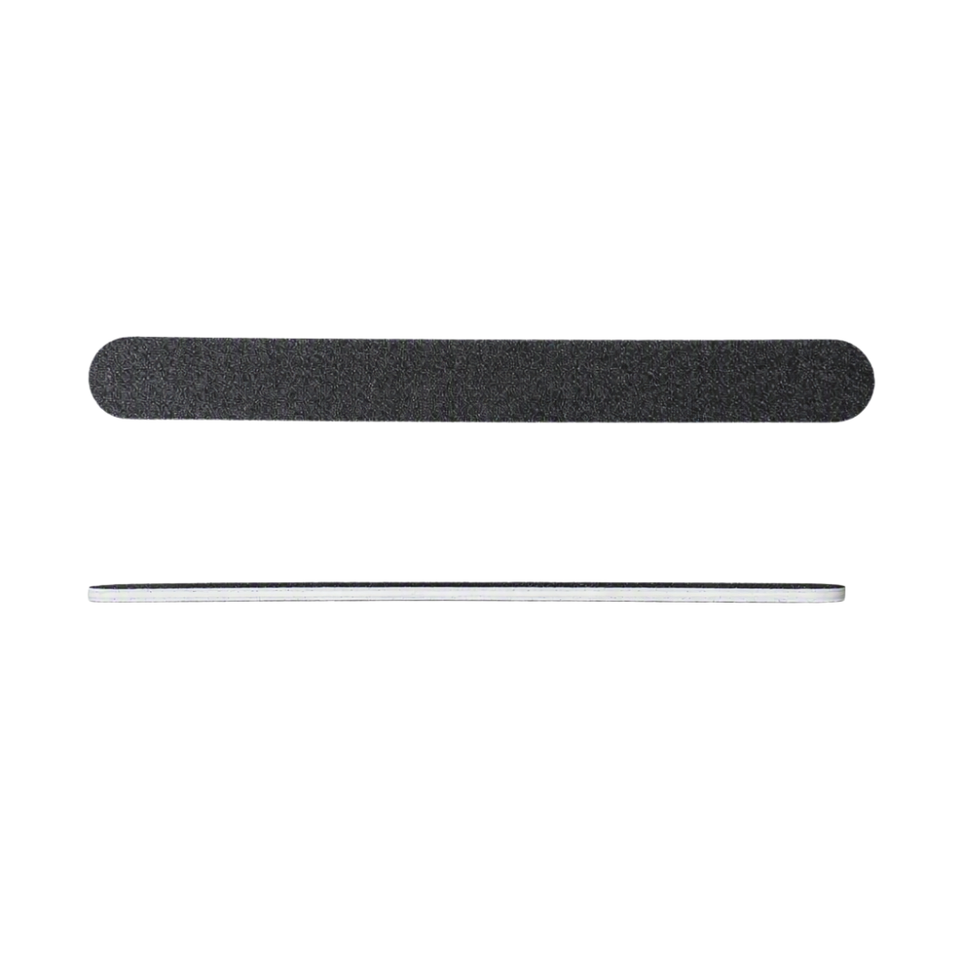 A black nail file with a textured abrasive surface and a silver metal nail file bar, shown horizontally on a plain white background.
