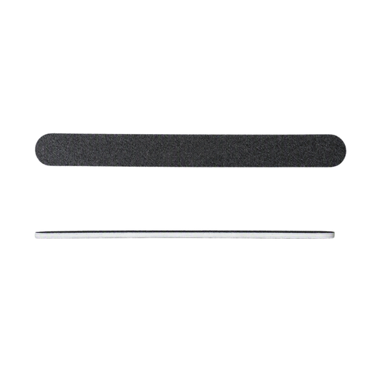 A black nail file with a textured abrasive surface and a silver metal nail file bar, shown horizontally on a plain white background.
