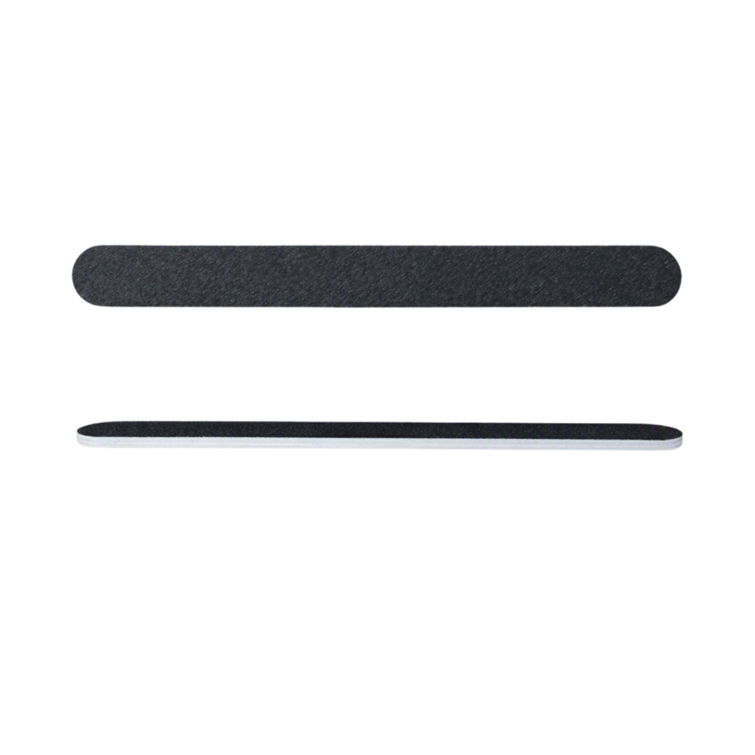 Two nail files shown horizontally on a plain white background, one with a dark textured abrasive side and one with a black top and white edge.