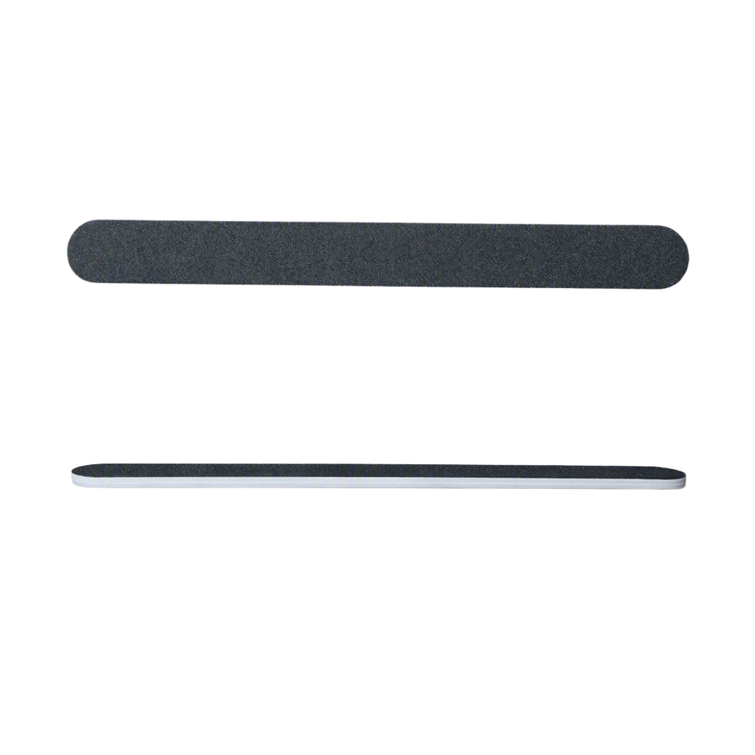 Two black rectangular nail files or emery boards shown horizontally on a plain white background, one above the other.