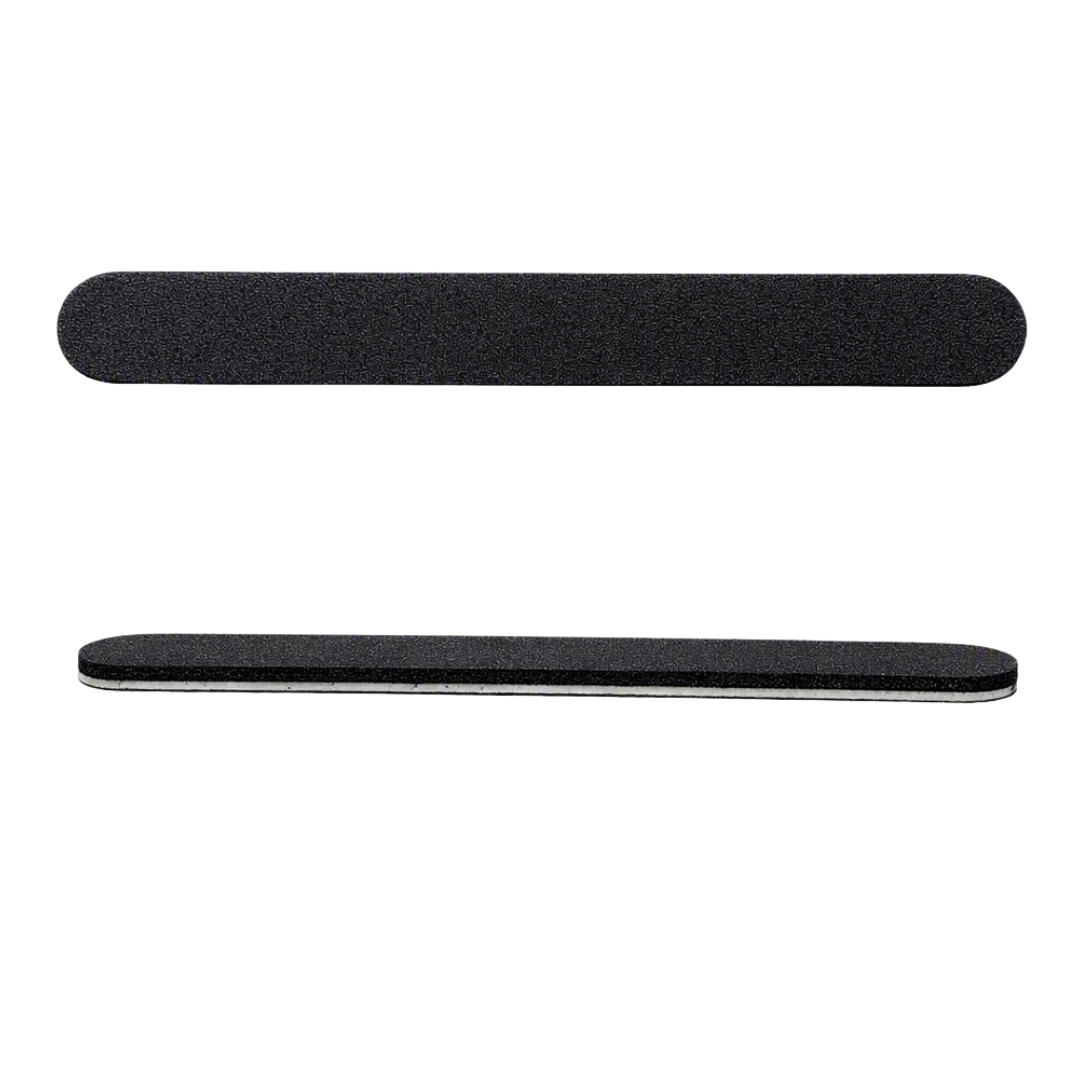Two 80 by 80 grit black nail files shown horizontally on a plain white background, one above the other.
