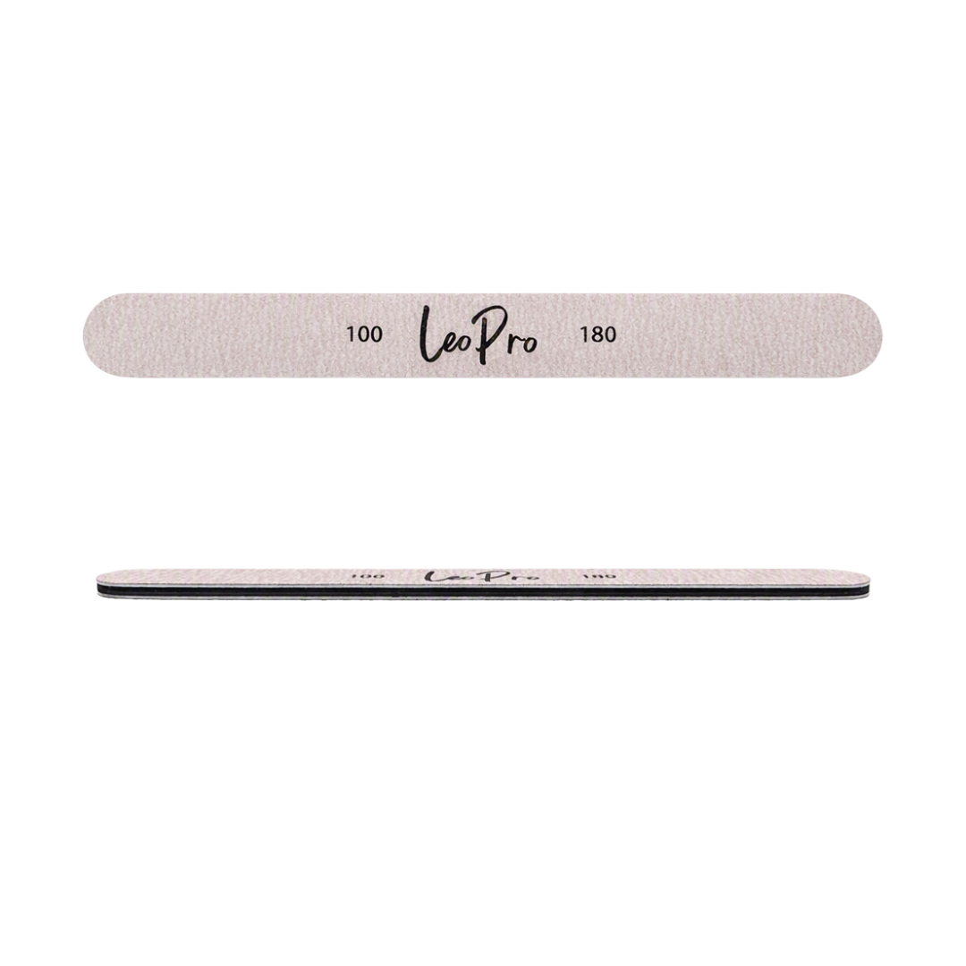 Two LeoPro nail files, one showing the coarse side with '100 LeoPro 180' printed in black on a textured light beige surface, and the other showing the smooth polished side, set against a plain white background.