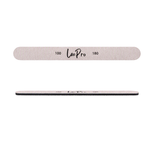 Two LeoPro nail files, one showing the coarse side with '100 LeoPro 180' printed in black on a textured light beige surface, and the other showing the smooth polished side, set against a plain white background.