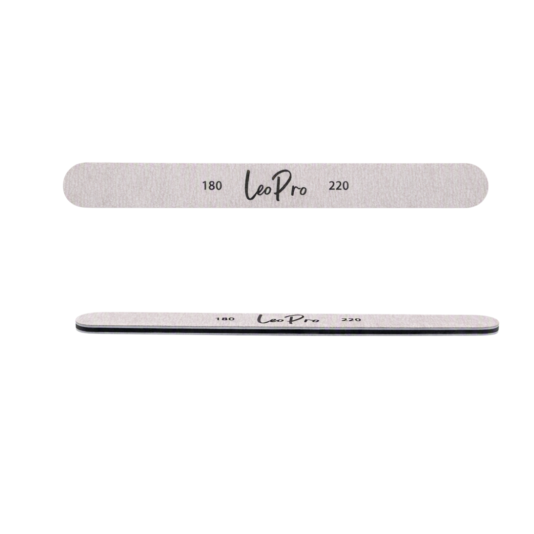 Two LeoPro nail files shown horizontally on a white background, one with a lighter gray abrasive surface and one with a darker gray surface, both featuring the LeoPro logo and numbers 180 and 220.