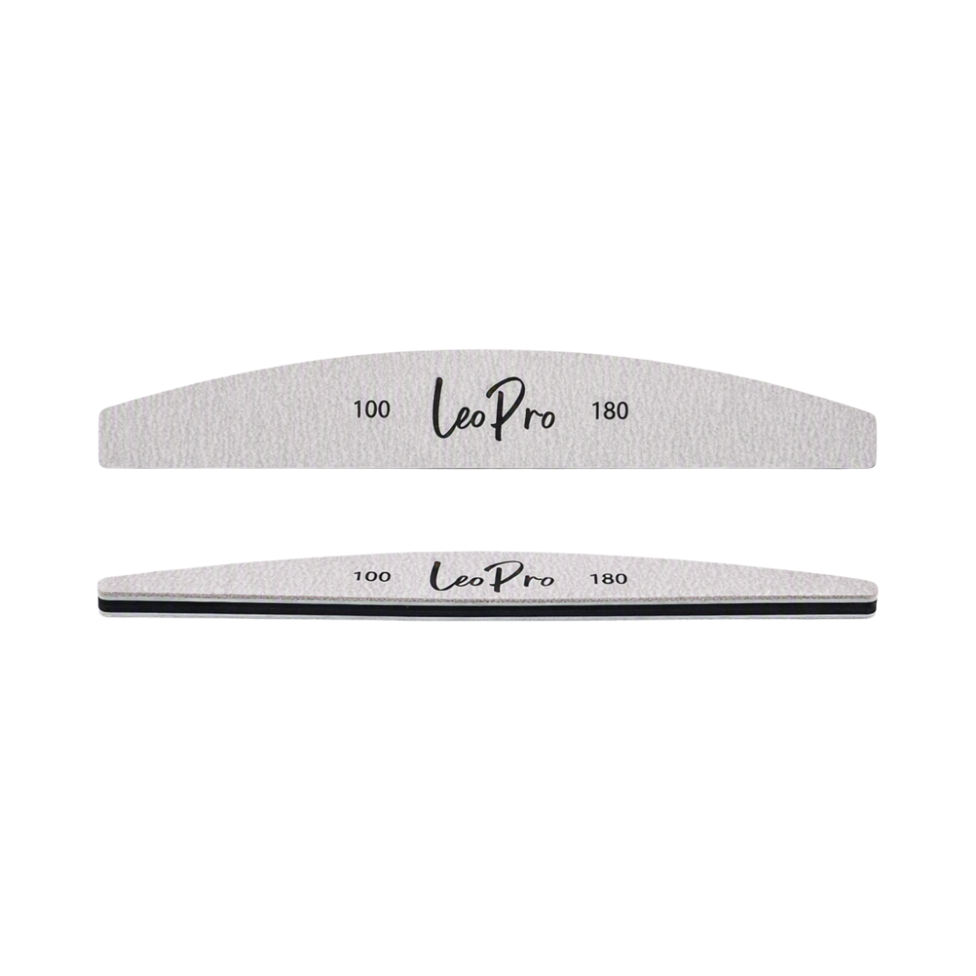 Two LeoPro nail files, one showing a 100 grit side and the other a 180 grit side, displayed horizontally on a plain white background.