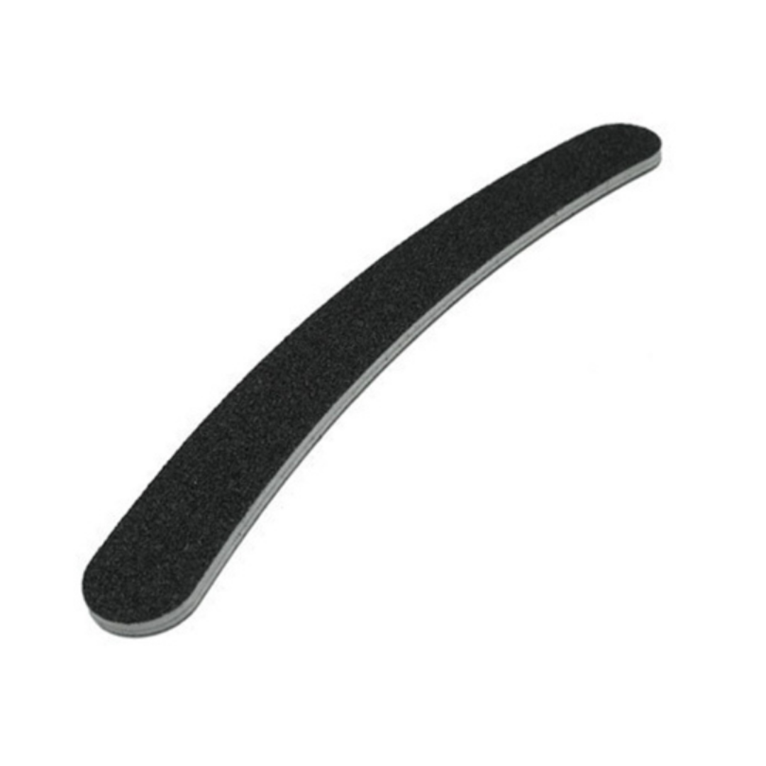 A curved black nail file with a textured abrasive surface and a gray backing, shown on a plain white background.