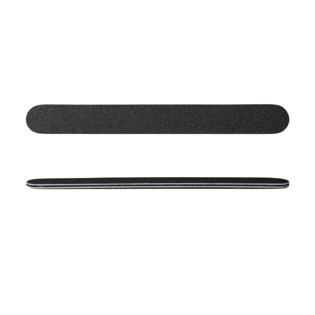 A black nail file shown from two angles: a top view displaying its coarse abrasive grit texture, and a side profile view showing its slim, curved shape with a silver edge.