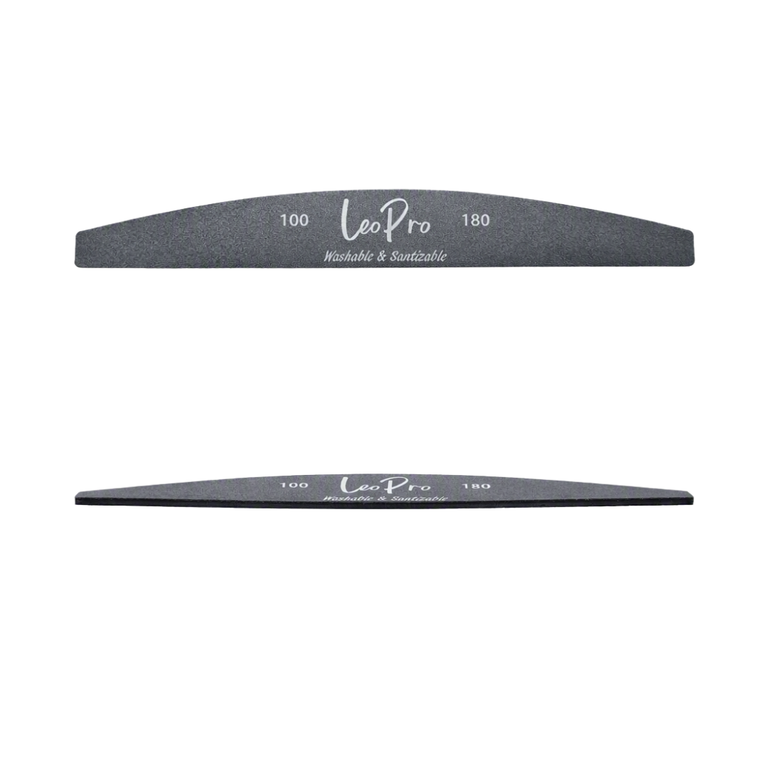 Two dark gray curved nail file buffers shown horizontally on a plain white background, each printed with the brand name Leo Pro and numbers 100 and 180.