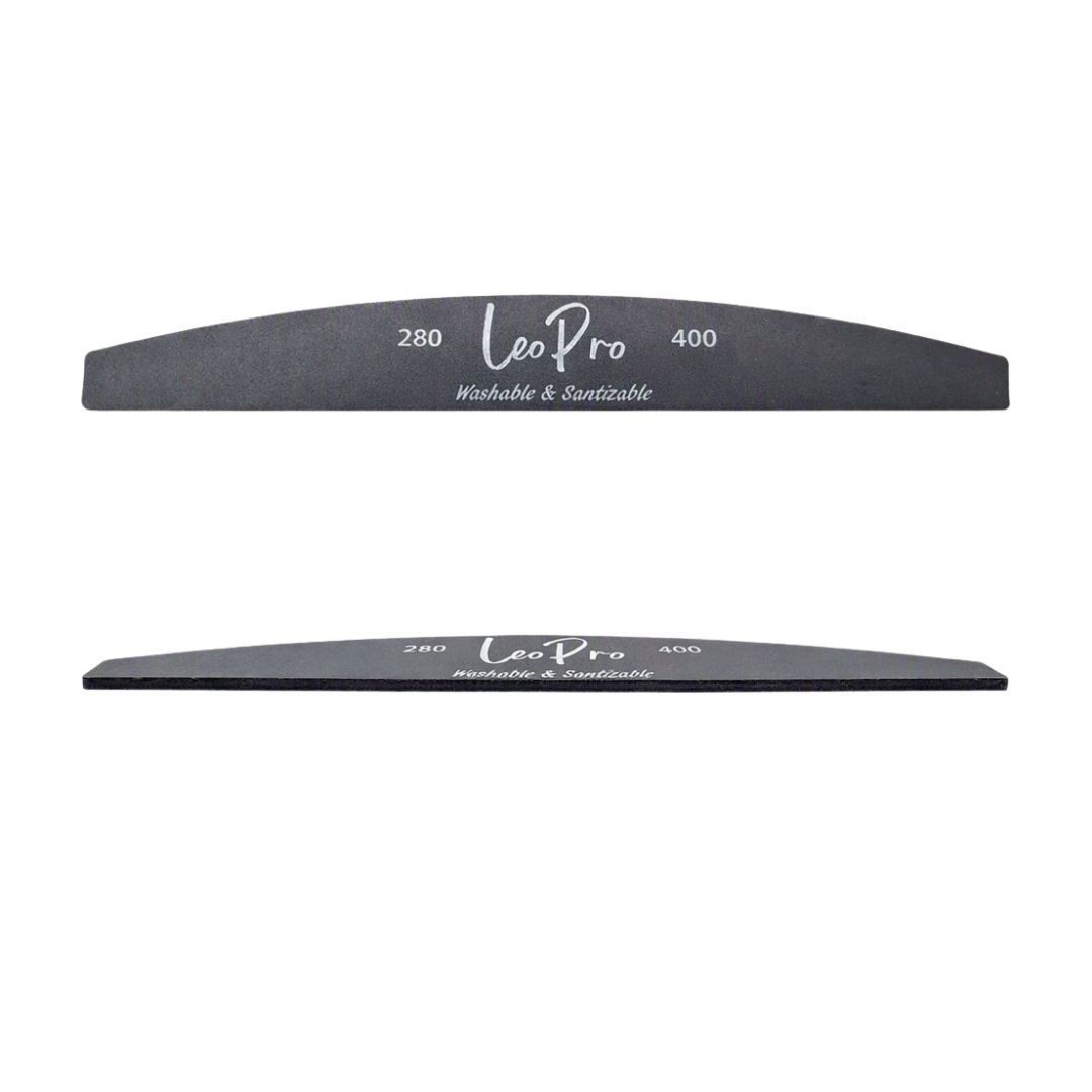 Two curved black nail file buffers shown horizontally on a white background, with white printed text reading 'LeoPro', '280', '400', and 'Washable & Sustainable'.