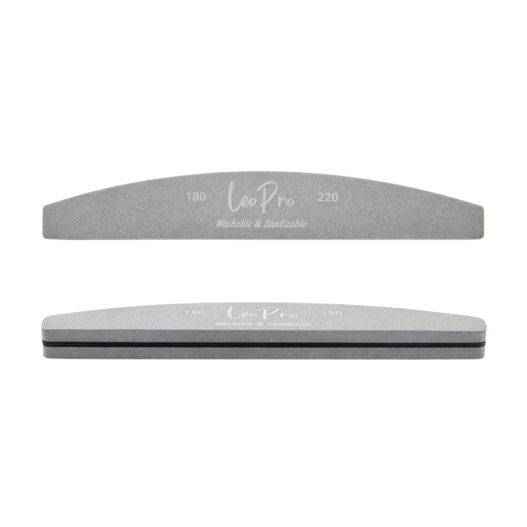 Two gray Leo Pro nail files, one showing the coarse side with 180 and 220 grit markings, and the other showing the smoother polished side, set against a plain white background.