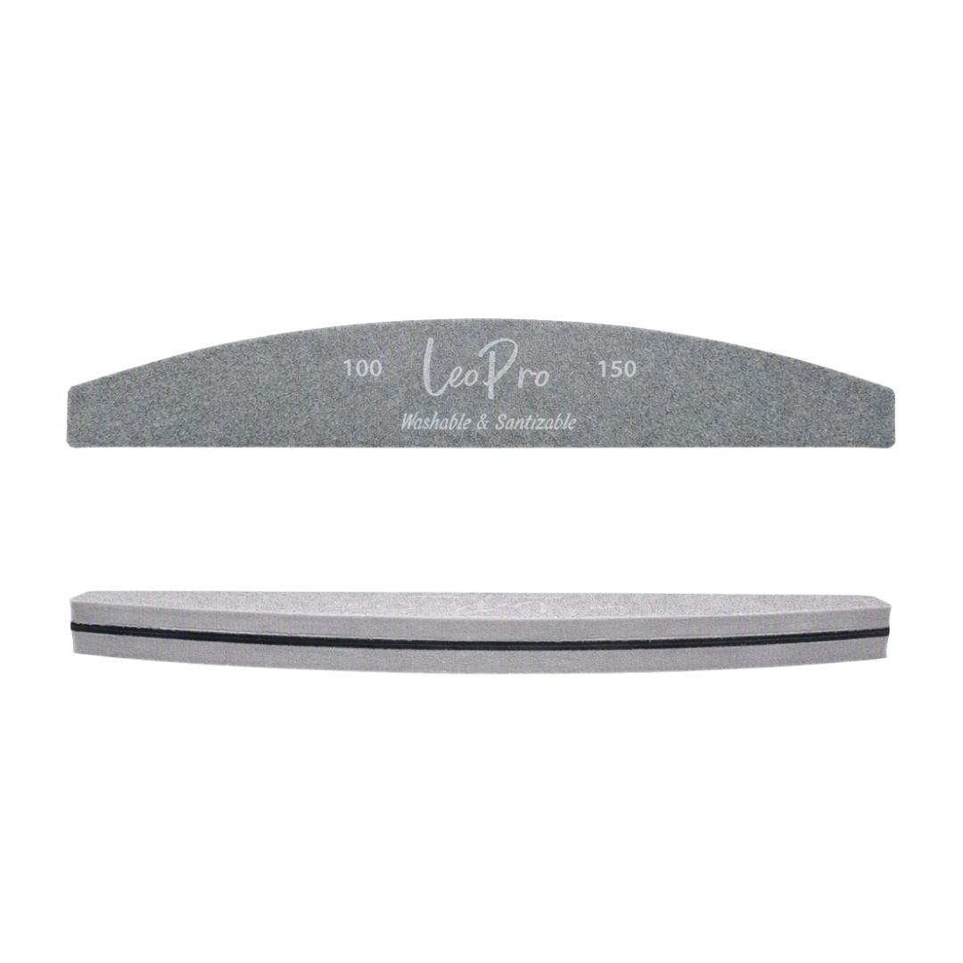 Two gray nail file buffers, stacked vertically on a white background. The top buffer is arched with 'LeoPro' and 'Washable & Santiz able' printed on it, along with grit numbers 100 and 150.