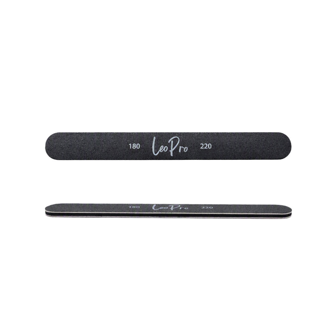 Two black Leo Pro nail files, one showing the coarse 180 grit side and the other showing the smoother 220 grit side, displayed horizontally on a plain white background.