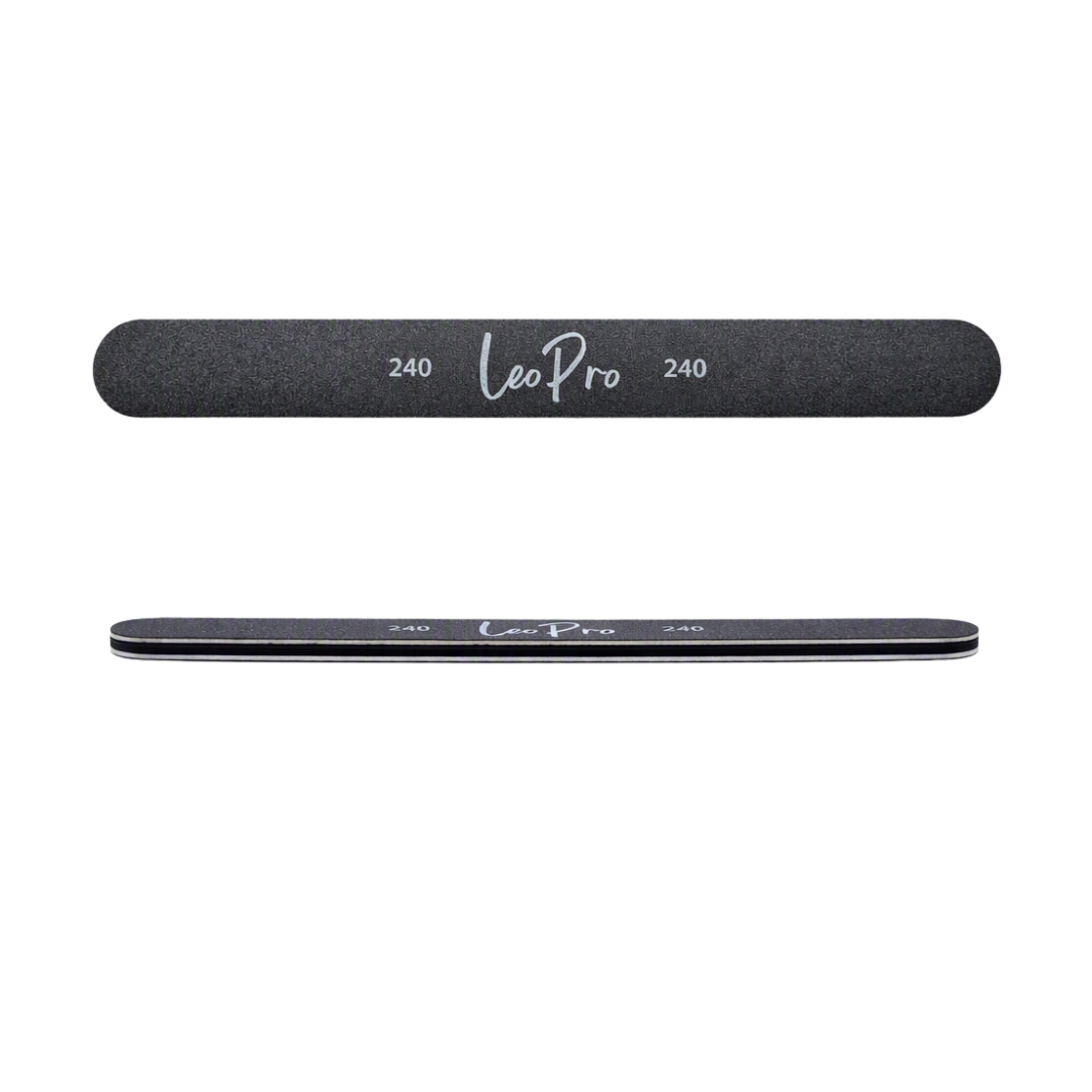 Two black Leo Pro nail files, one with a textured top and one with a smooth top, both showing the 'Leo Pro 240' branding, on a solid white background.