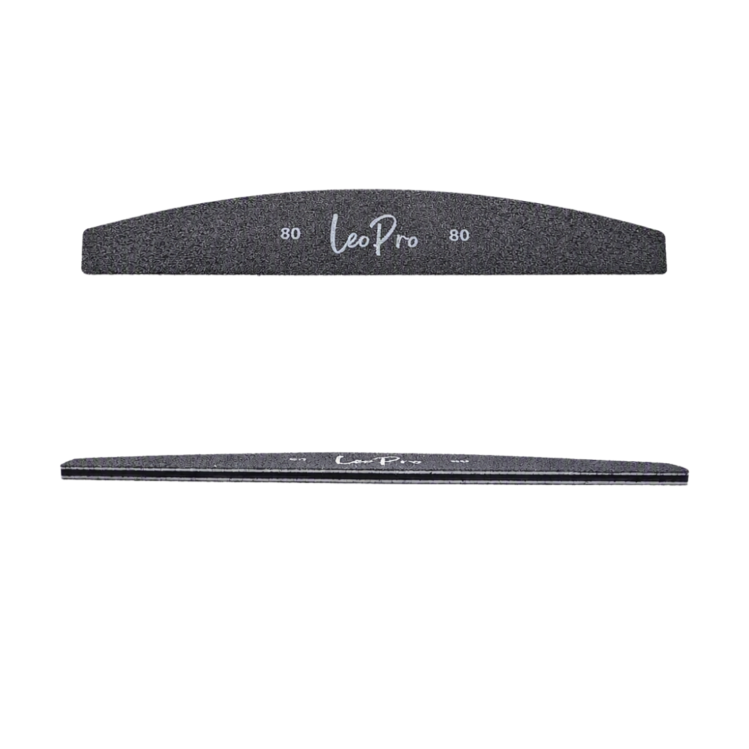 Two black nail file buffers shown on a plain white background, one with a curved top edge and one flat and wide, both with white printed 'Leo Pro' branding and grit numbers '80' and '80'.