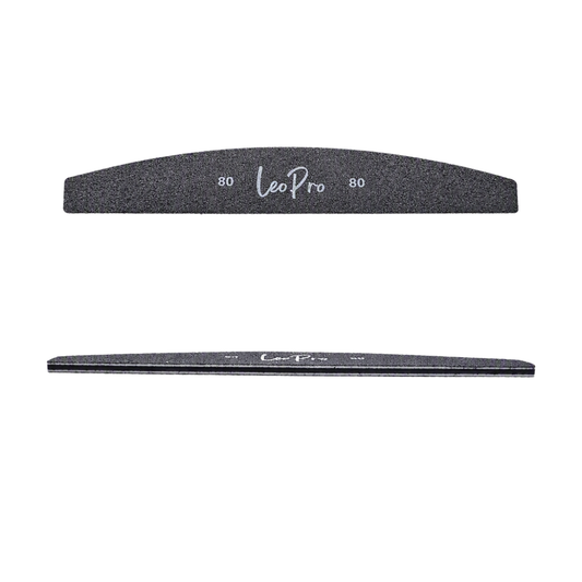 Two black nail file buffers shown on a plain white background, one with a curved top edge and one flat and wide, both with white printed 'Leo Pro' branding and grit numbers '80' and '80'.