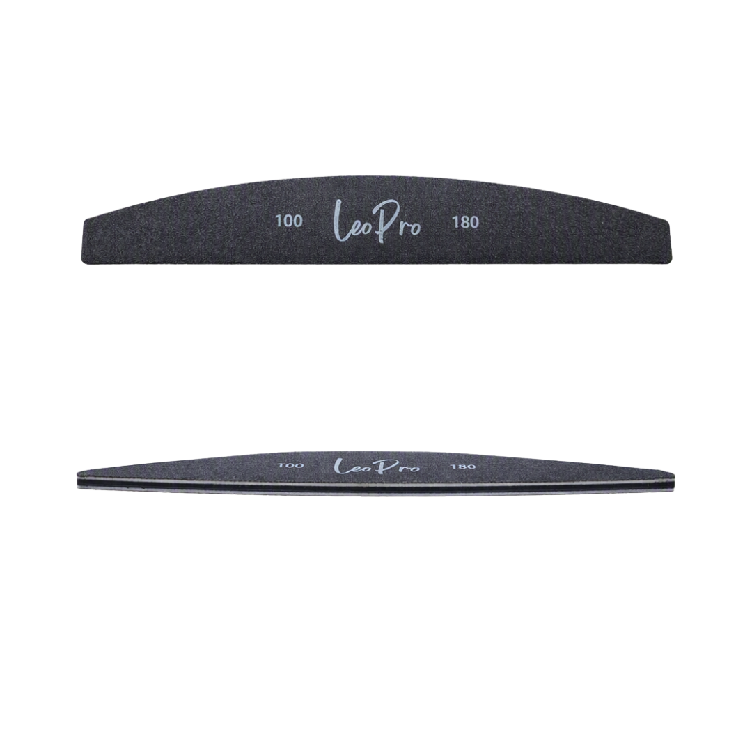 Two black Leo Pro nail files, one curved and one straight, shown against a plain white background. Both files feature white printed text indicating grit levels 100 and 180.