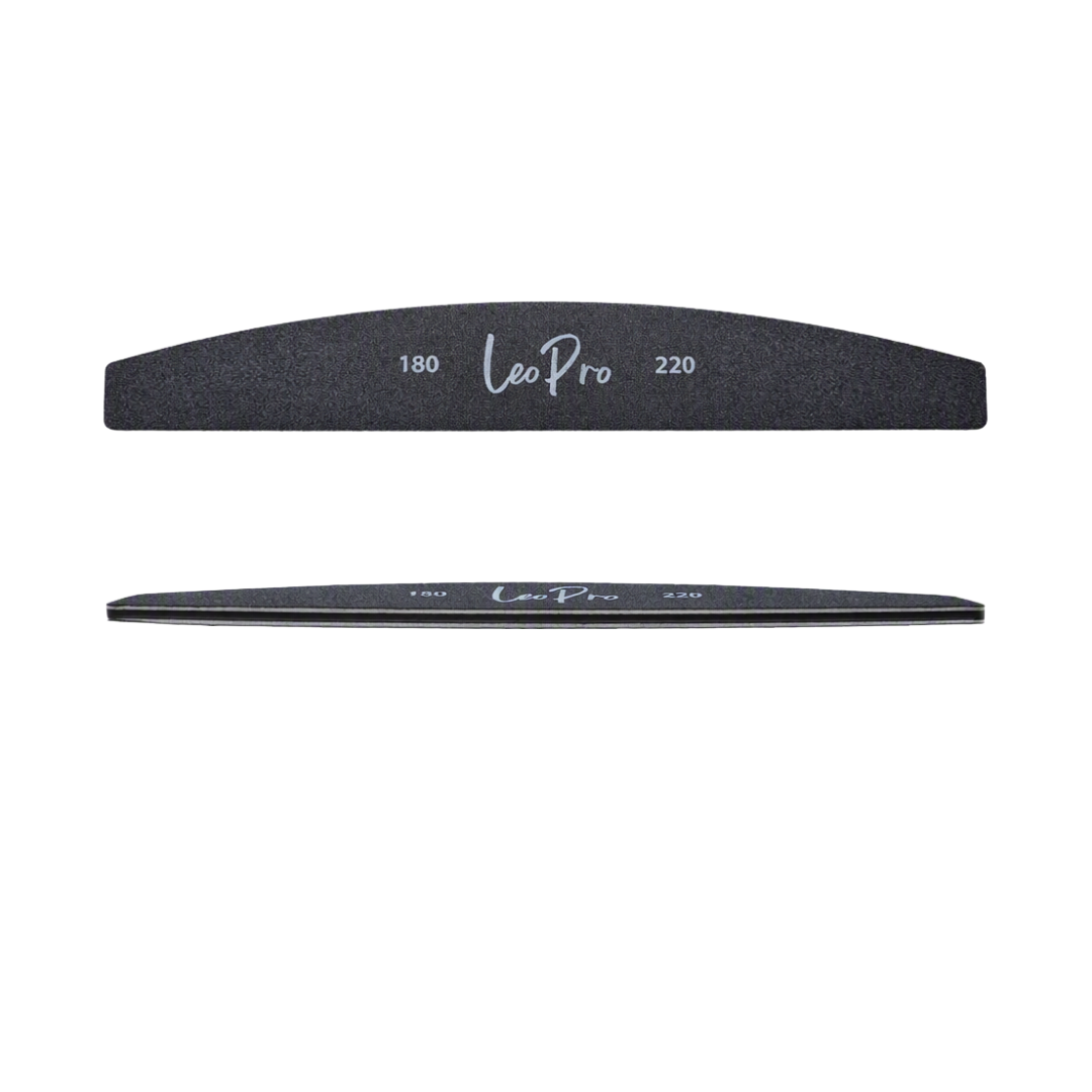 Two black Leo Pro nail files shown horizontally on a white background, one with a curved top edge labeled 180 and the other flat labeled 220.