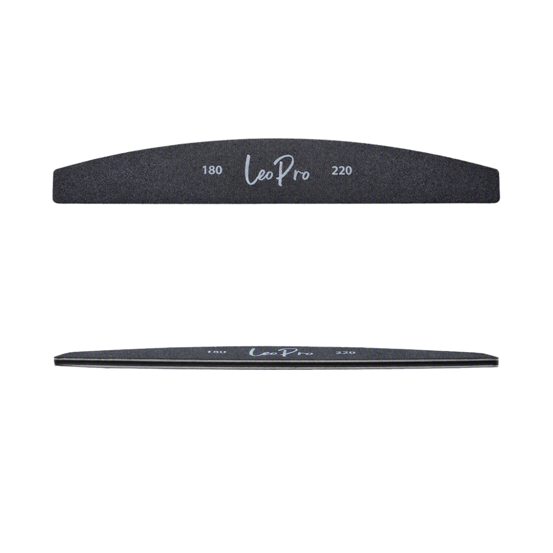 Two black Leo Pro nail files, one showing the coarse 180 grit side and the other showing the finer 220 grit side, displayed horizontally against a plain white background.