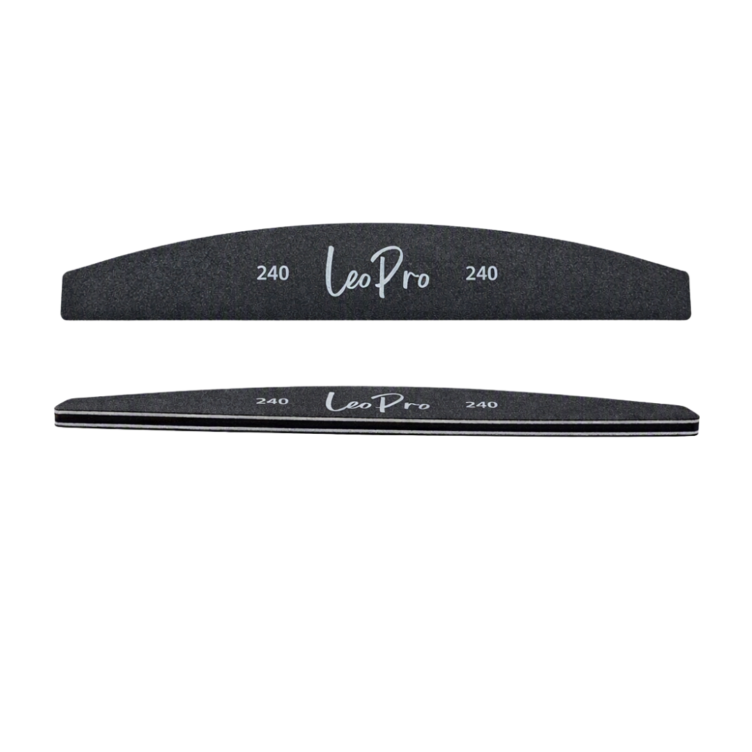 Two black LeoPro nail files with 240 grit, shown horizontally on a plain white background.
