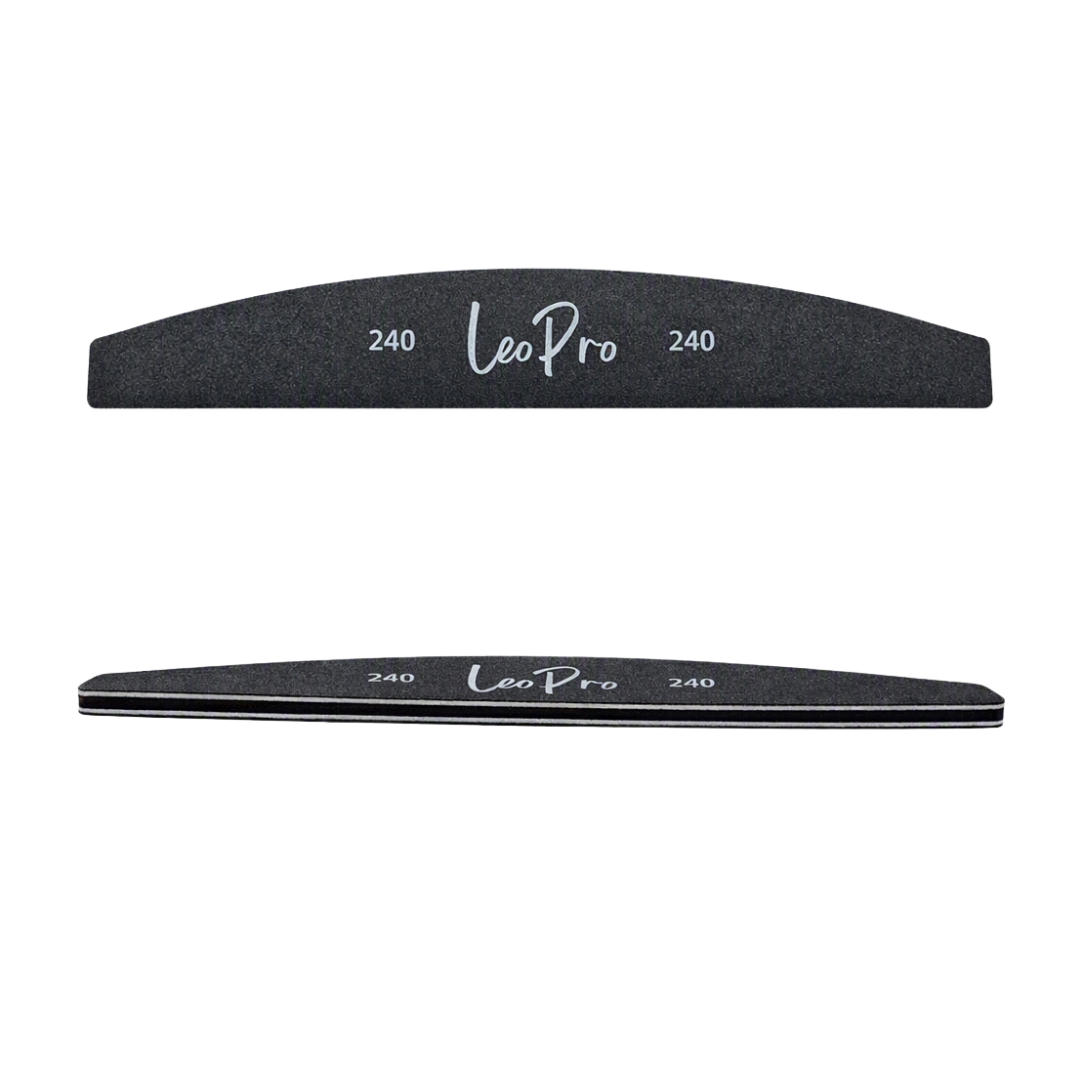 Two black double-sided nail files with white 'LeoPro' branding and '240' grit markings, shown from both sides against a plain white background.