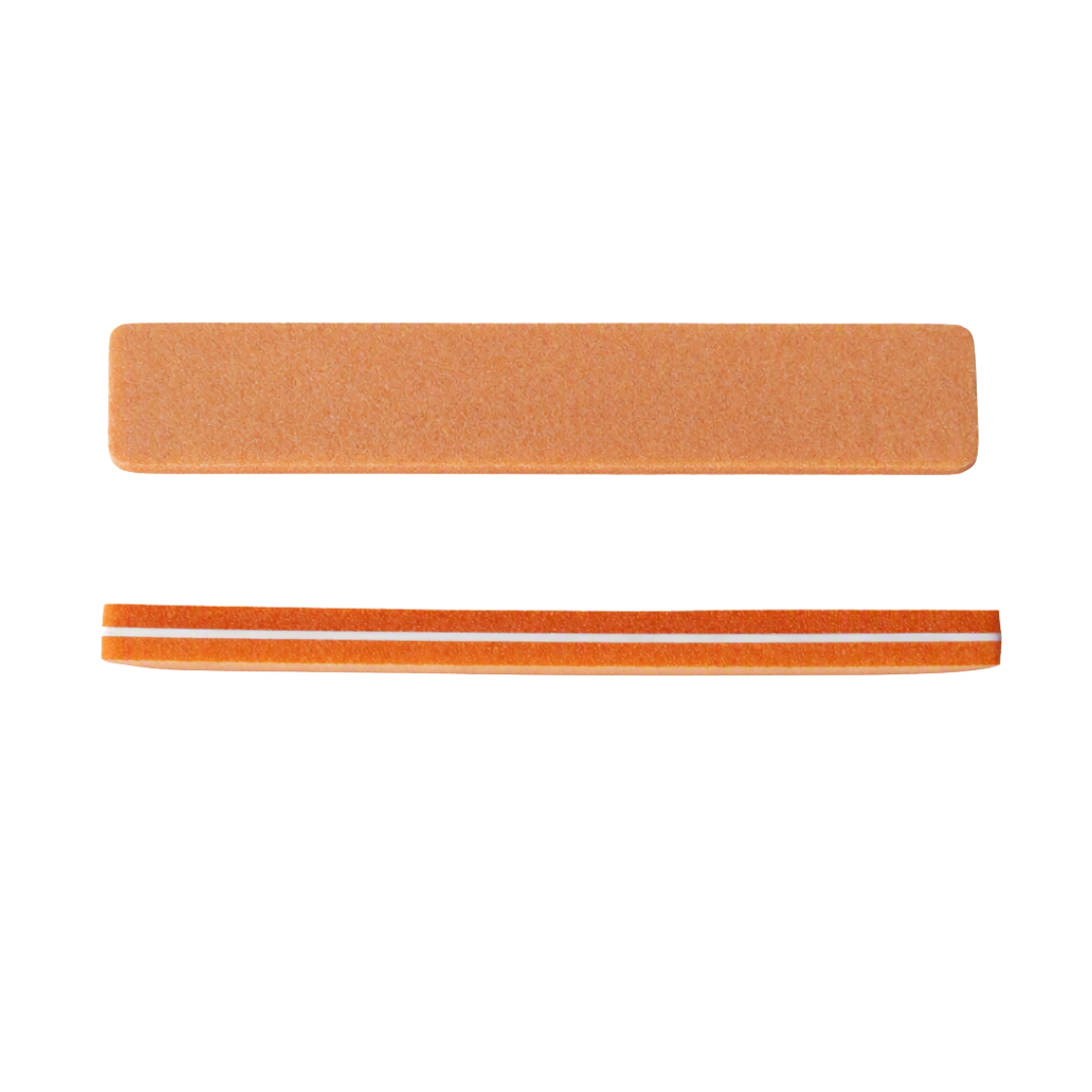 Two rectangular orange sanding sponge nail files, one larger and one smaller, displayed horizontally on a plain white background.