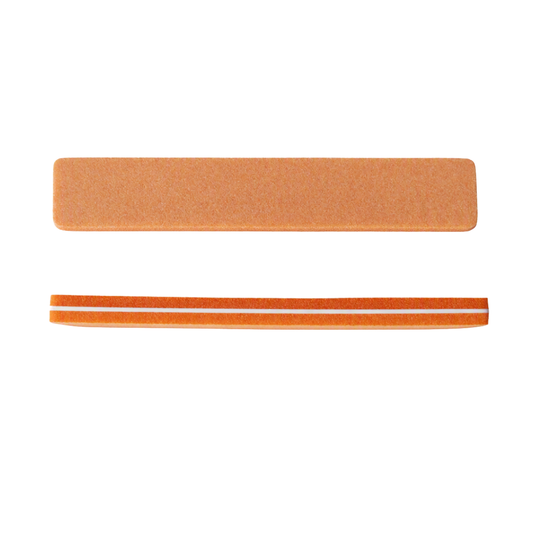 Two rectangular orange sanding sponge nail files, one larger and one smaller, displayed horizontally on a plain white background.