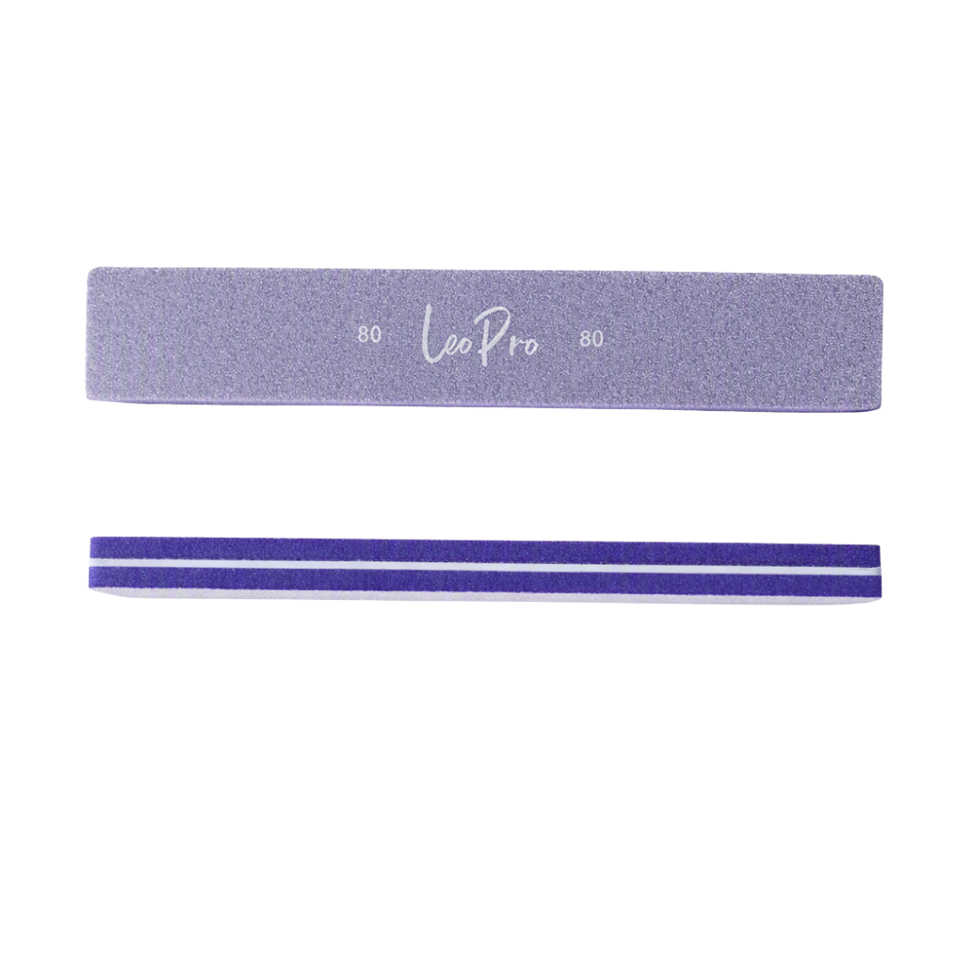 Two nail files from Leo Pro shown horizontally on a white background, with the top file in a glittery lavender-purple color and the bottom file in solid dark purple with two white stripes.
