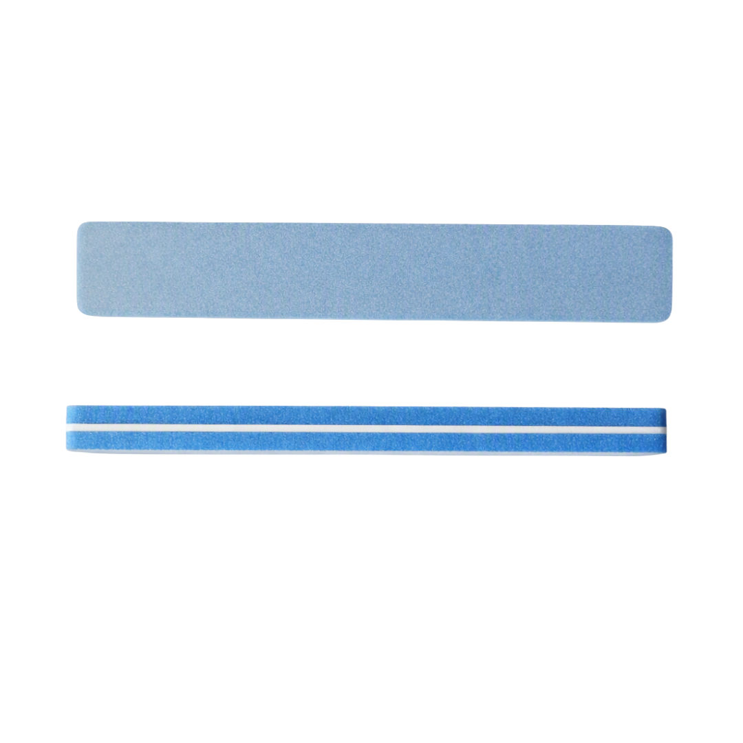 A pair of rectangular sponge nail files one in a matte light blue and the other in a textured medium blue with two thin white accent lines, shown on a plain white background.