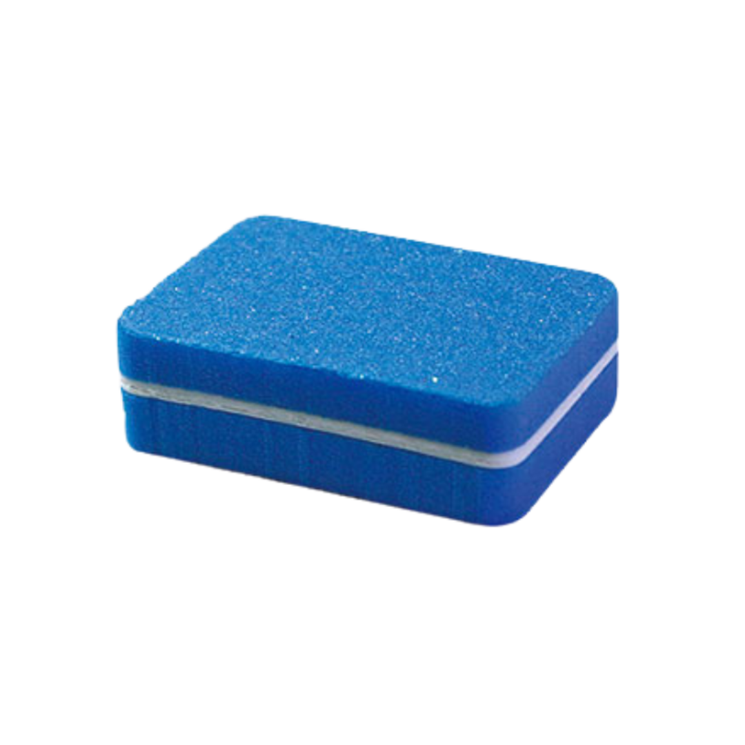 A small rectangular blue foam nail sanding block with rounded corners and a white dividing band, shown on a plain white background.