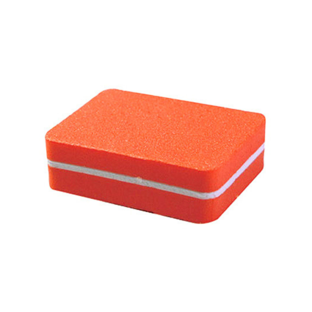 An orange rectangular foam nail sanding block with rounded corners and a thin white stripe running horizontally across the middle, shown on a plain white background.