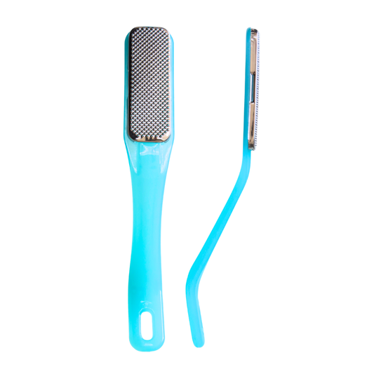 A pair of blue plastic foot rasp on a white background: a rectangular metal callus grinder shown from the front and a curved nail file shown from the side.