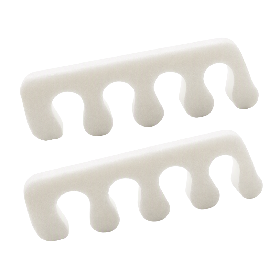 Two white plastic toe separators arranged horizontally on a plain white background.
