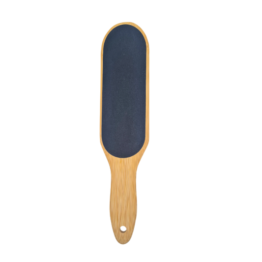 P005 Dual Sided Bamboo Foot File | A bamboo handle with oval black grit pad foot file on a white background